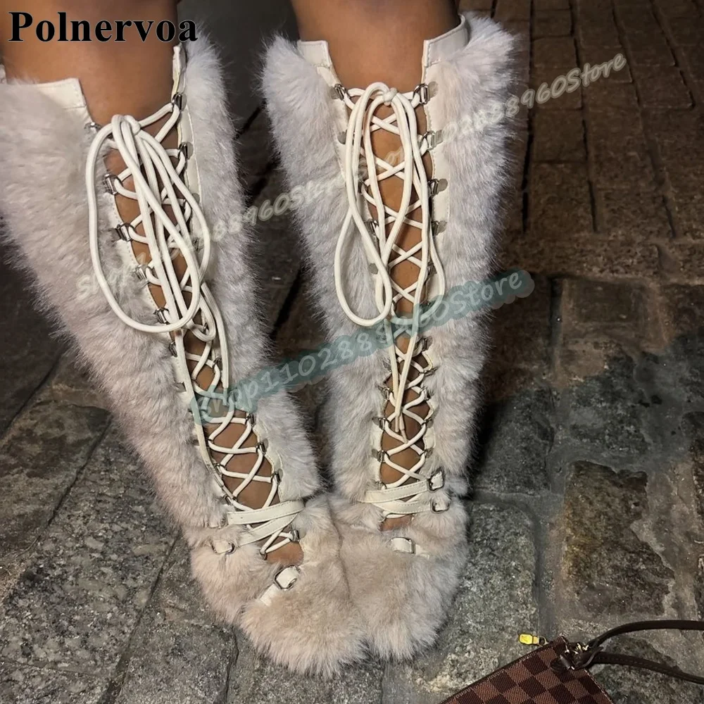 Botas peludas con correa y hebilla hasta la rodilla Para Mujer, Zapatos de tacón alto con punta redonda atada cruzada, Zapatos de fiesta a la moda Para Mujer