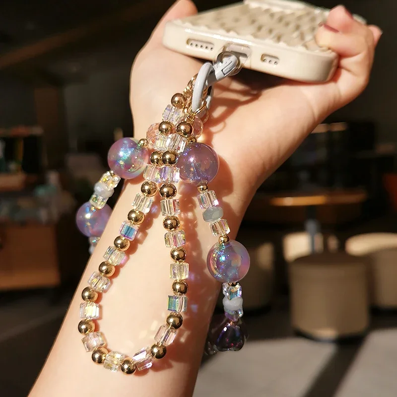 Short Flower Wrist Rope Mobile Phone Double Chain Anti Lose Rope Colorful Crystal Ball Round Bead Lanyard Phone Charms Strap