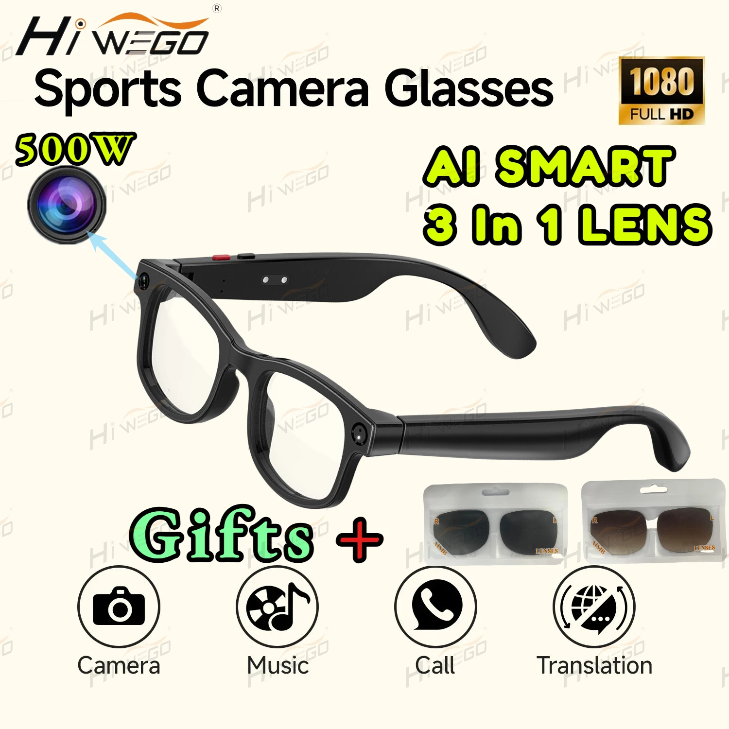 

3 In 1 Lens AI Smart Glasses 500W Anti-shake Camera HD1080P Video Sunglasses Wifi Voice Call Wireless Bluetooth Headset Googlle