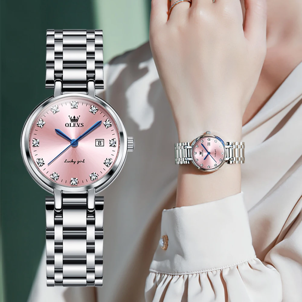 

OLEVS Pink Women Wrist Watches For Ladies Stainless Steel Quartz Watches Female Rhinestone Clock Hour Gift For Dropship New