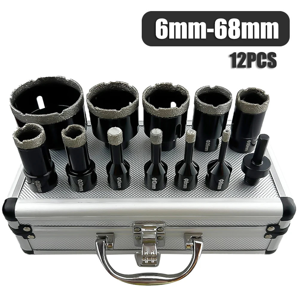 

12Pcs Brazed Diamond Hole Saw Set, 6-68mm Drill Bits for Ceramic, Glass, Granite & Marble