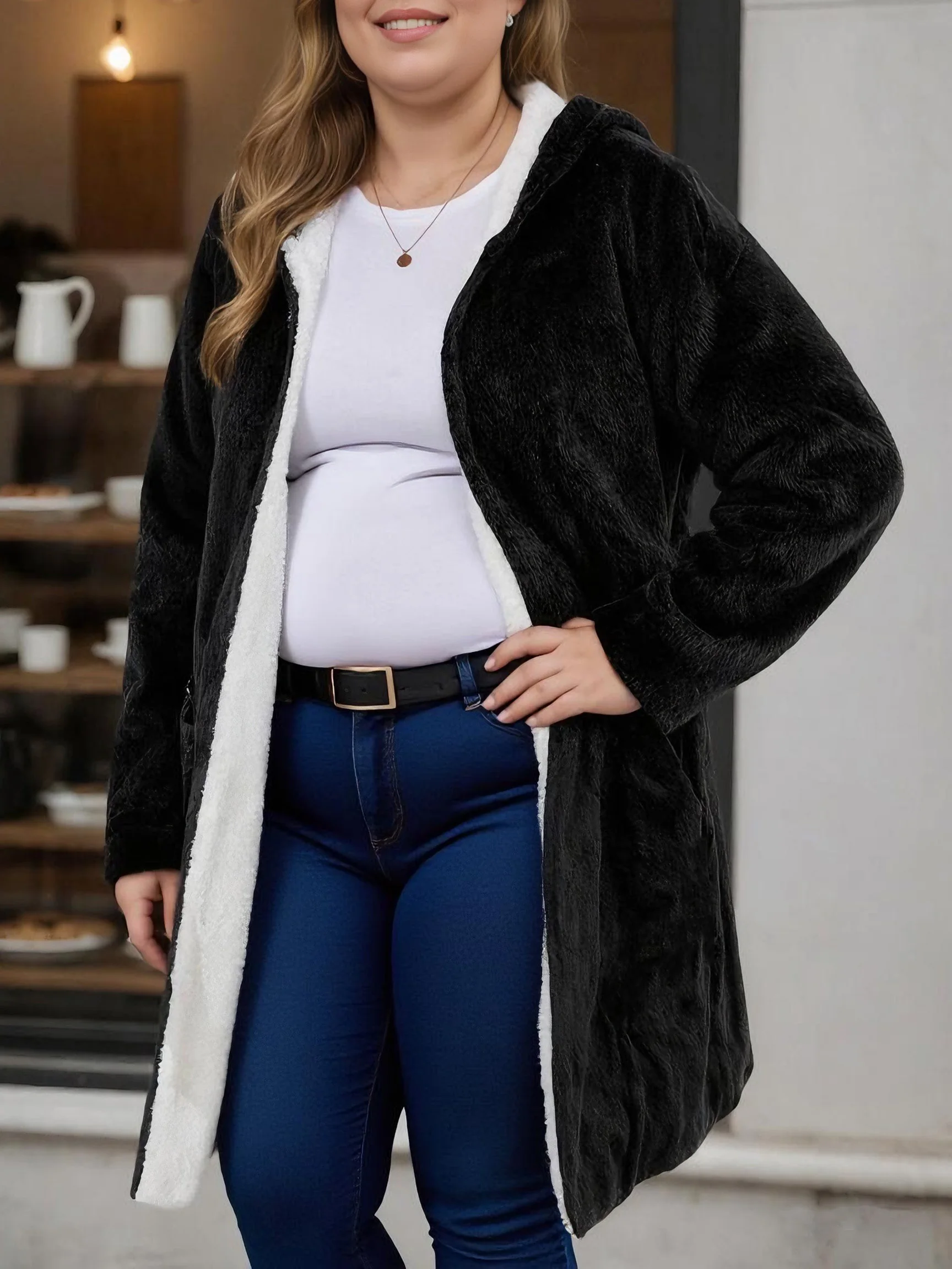Uniform Solid Curvy Women Plus Size Full Sleeve Hooded Warm Plush Coat, Casual Open Front Mid-Length Sherpa Lined Outerwear Various Colors For Daily Wear Night Out