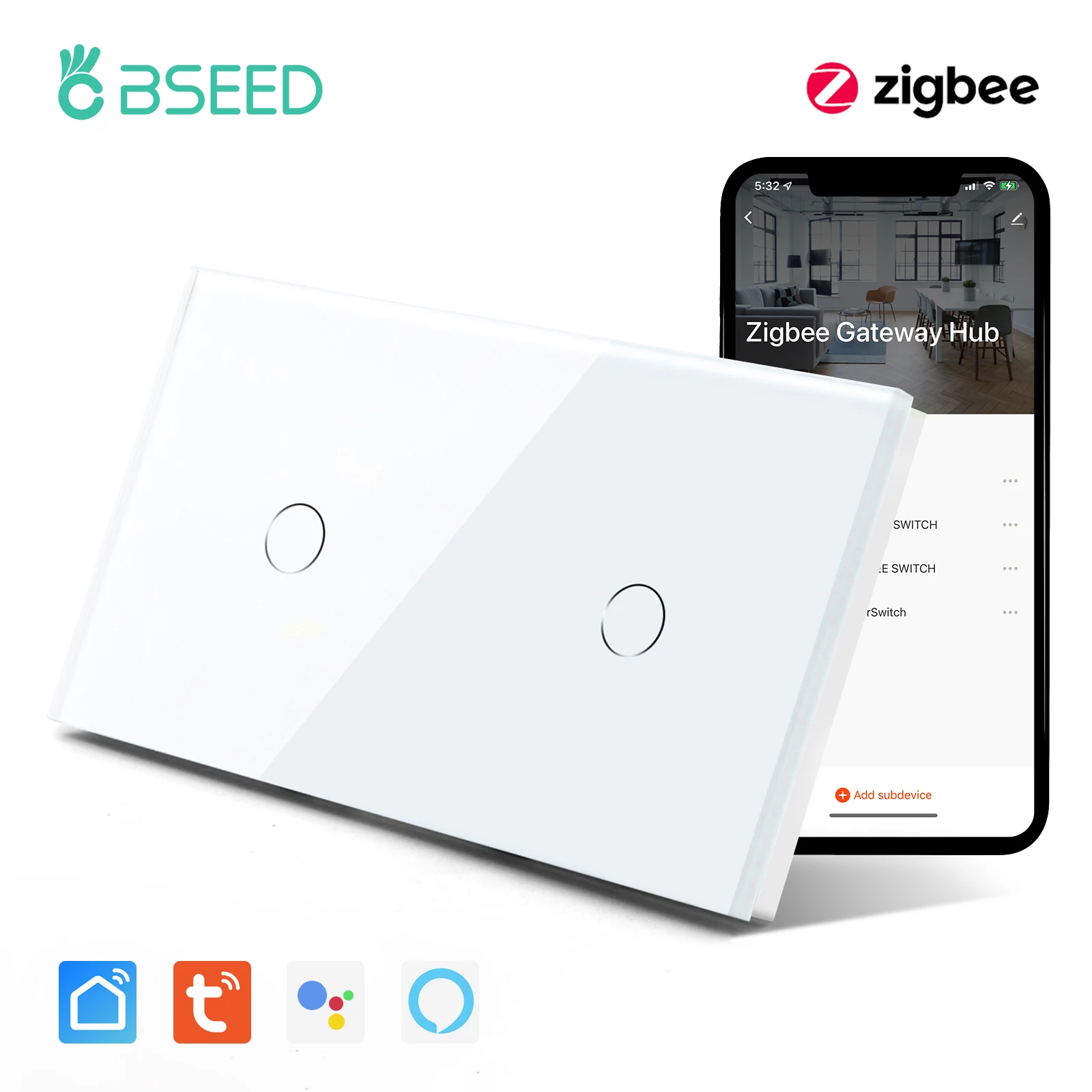 BSEED Zigbee Wandschalter, intelligenter Touchscreen-Lichtschalter, 1/2/3 Gang, 1/2/3 Wege, Google Alexa, Tuya, App-Steuerung, keine neutrale Leitung 9