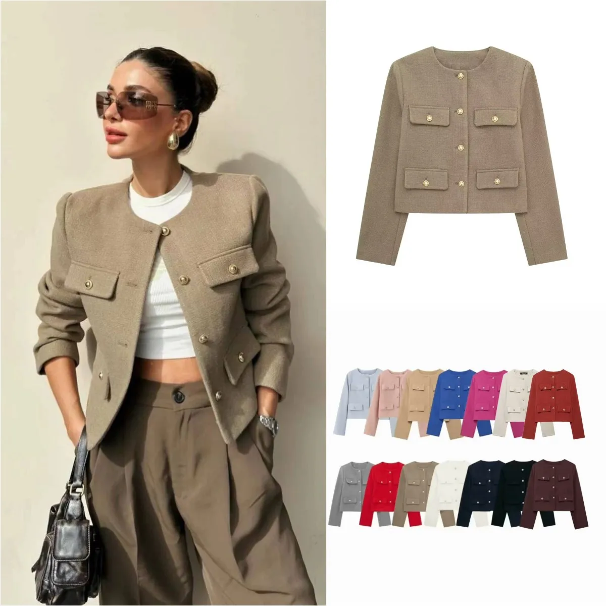 

ETJ Autumn/Winter 2025 TRAF Women's Basic Jacket Vintage crew neck gold button flip pocket embellishment short coat
