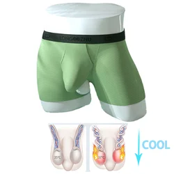 Man Breathable Sexy Underwear Crotch Open Hole Boxer Scrotum Expose Super Big Penis Pouch Lingerie Ice Silk Cool Gay Summer Soft