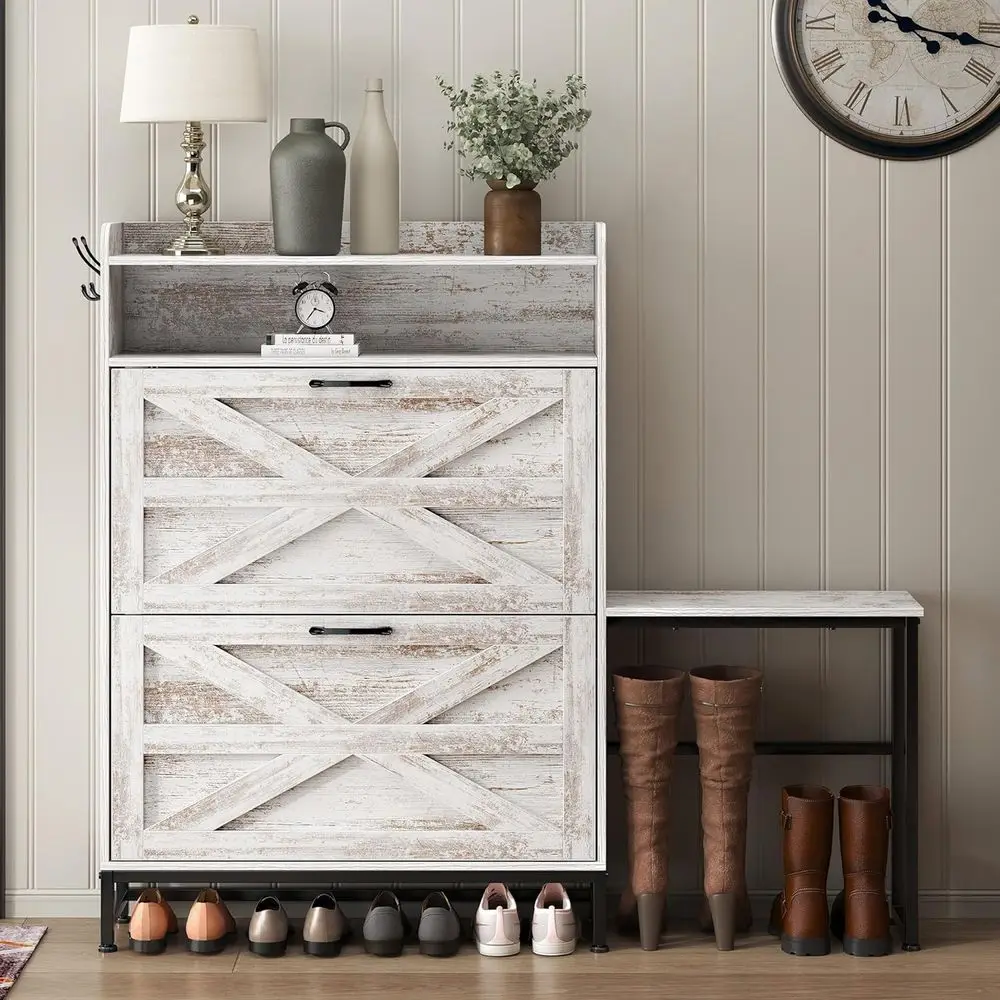 Freestanding Wooden Shoe Cabinet with Bench, Metal Legs, Vintage White
