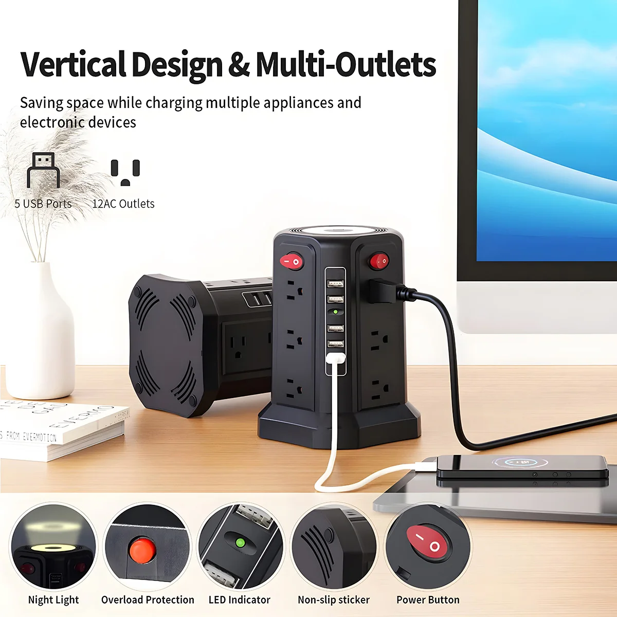 Verticale Aansluiting Met 12 Stopcontacten 5 Usb-Poorten En Nachtlampje 5,9 Ft Verlengsnoer Met Meerdere Stopcontacten Ons Stekker Stekker Strip Toren