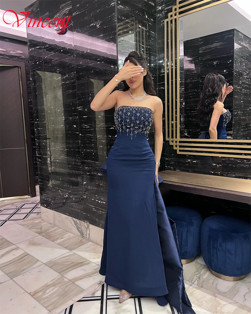 تخصيص بسيط الأزرق جيرسي مساء اللباس الكلاسيكي حمالة أكمام فساتين المشاهير حساسة الديكور حورية البحر حزب فساتين
