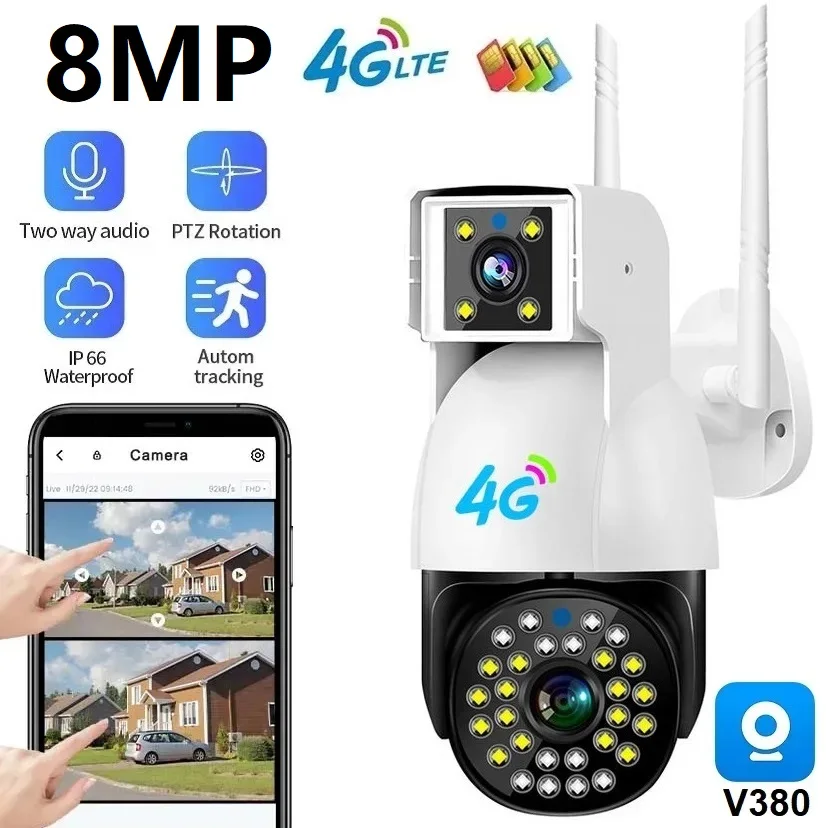 8MP Dual Lens 4G Camera Dual Screen Outdoor 4G SIM Card PTZ Camera Auto Tracking Motion Detection Color Night Vision