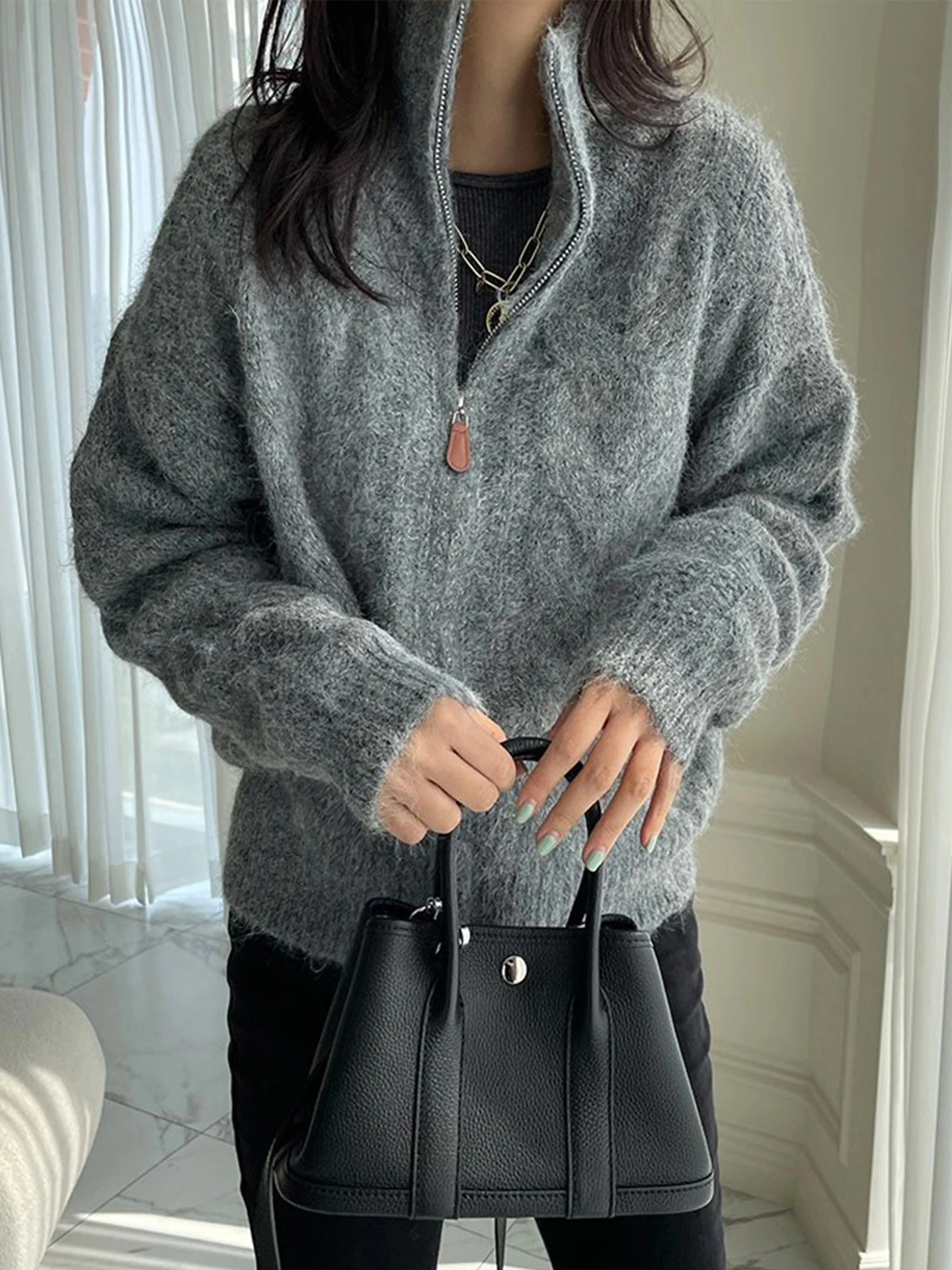 المرأة عالية الياقة مزدوجة سستة محبوك سترة معطف لينة شتاء دافئ جديد Sle الدانتيل نمط طويل Sve سترة أعلى #1