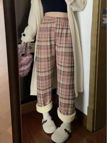 양털 벨벳 안감 두꺼운 체크무늬 캐주얼 바지 여성용 가을 겨울 루즈 스트레이트 레그 와이드 레그 면 잠옷 바지
