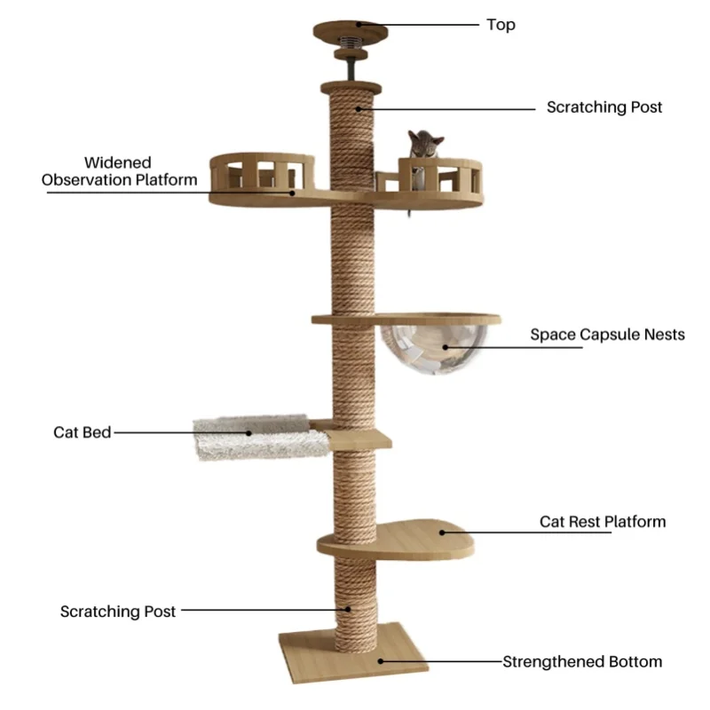 Verstellbarer Katzen-Kletterbaum vom Boden bis zur Decke, mehrstöckiger Spielbereich mit Kratzbaum und Plüsch-Hängematte, kippsicher, stabil zum Klettern, Kratzen und Schlafen, Indoor-Haustierzubehör