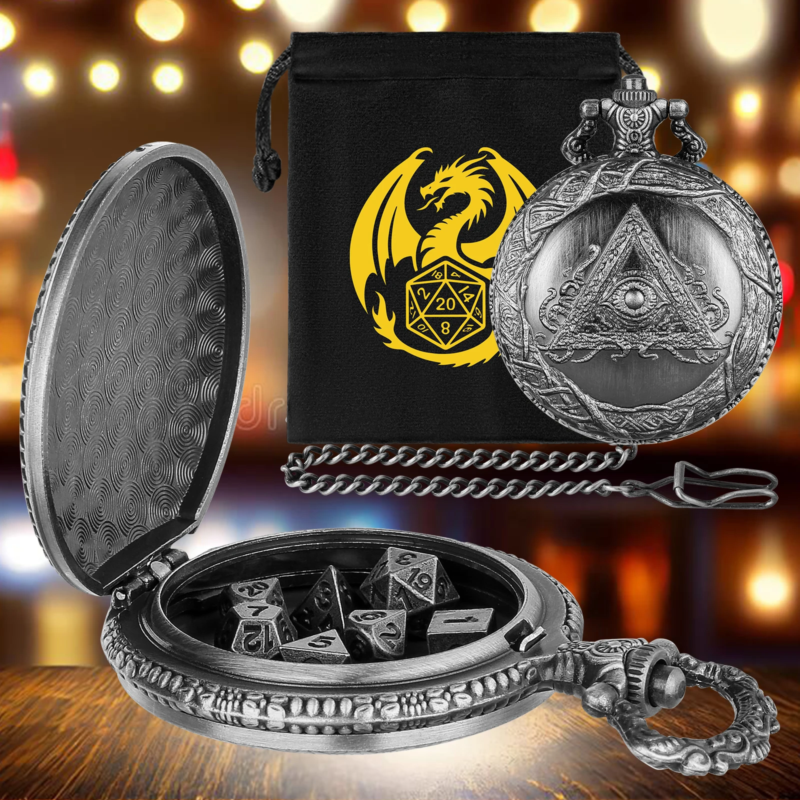 5pcs Wholesale Triangle Eye Pattern Grey Black/Bronze Metal Pocket Watch Case Mini Dice Set Fob Chain Pendant Gift Dice Lovers