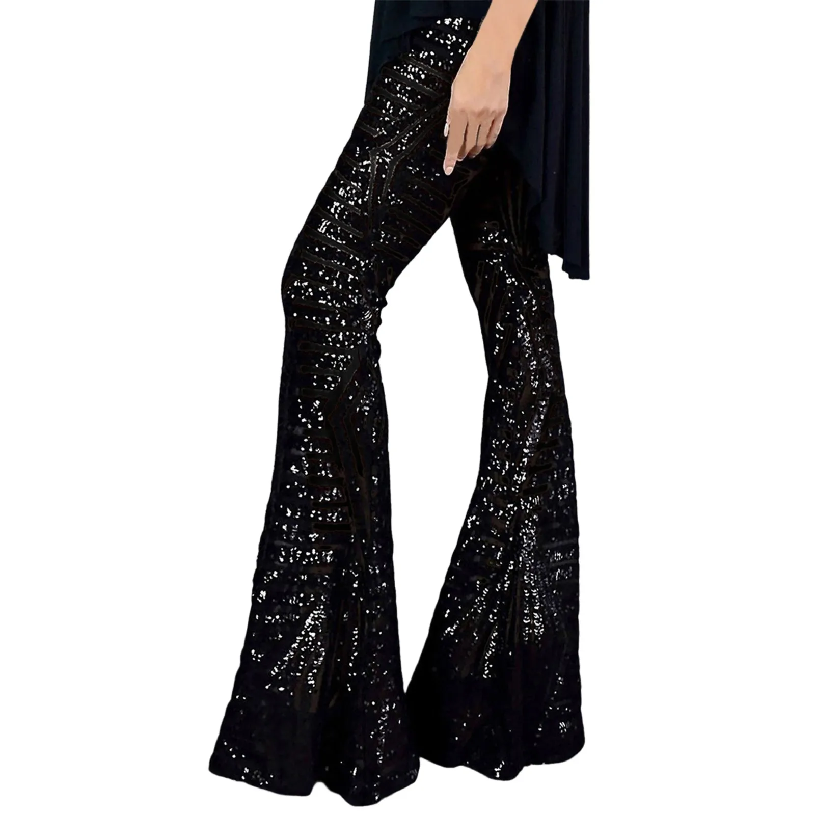 

Women's Elegant Silk Sequins Pants, Midi Waist, Loose Long Pants, Classic Trousers, Female Clothing, Fashion, Streetwear, 2024