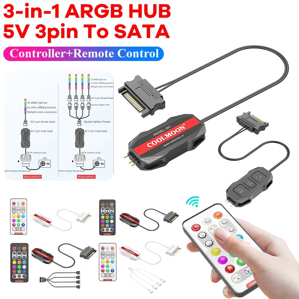 ARGB Controller Cable ARGB 5V 3PIN To SATA RGB Remote Controller LED Color Intelligent Fan Controller for PC Fan Light Strip