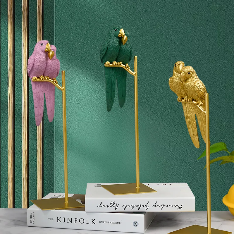 Simulation Animal Sculpture Parrot Golden Bird Resin Handicraft Ornaments Home Decoration Statue Decor