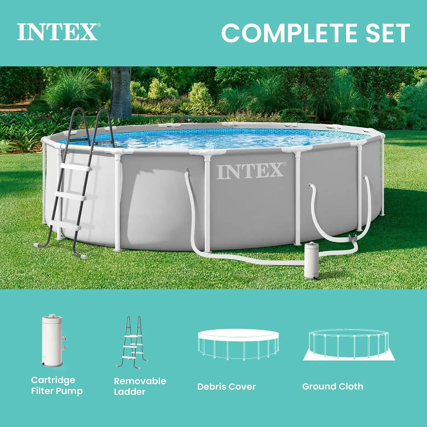 Prism Frame 14ft x 42in Round Above Ground Swimming Pool Set w/Pump | 26719EP - 1000 GPH Cartridge Filter Pump, Ladder,, Custom