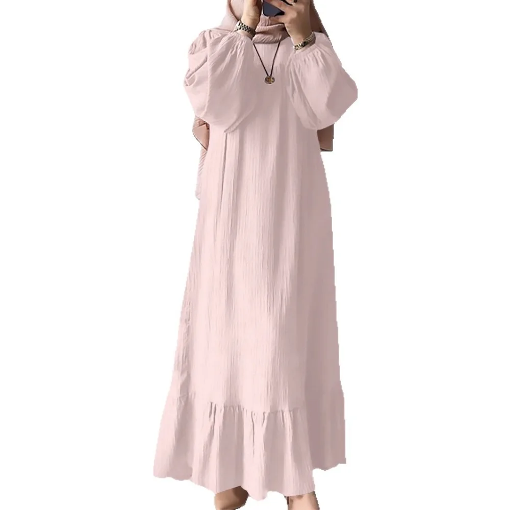 Muslimische frauen Robe Neue Mode Langarm Retro Langen Rock Einfarbig Rüschen Saum Kleid für Frauen