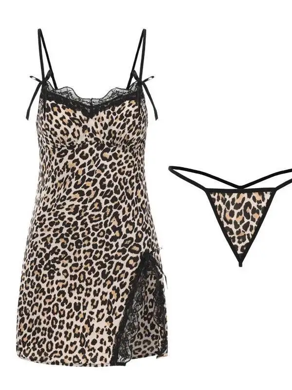 مثير ليوبارد طباعة فستان حريري الجليد عميق الخامس مع منصات الصدر عاطفي رغبة نقية ملابس منزلية غير رسمية الدانتيل فستان مشذب الساحرة SFIB