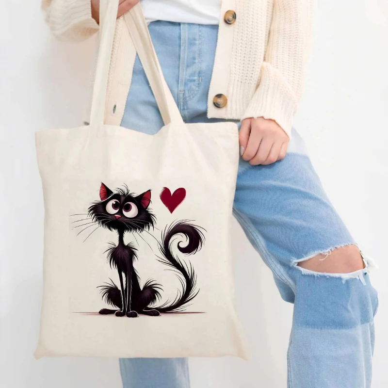 

Cartoon cat pattern printed canvas tote bag, suitable for daily use and neutral shopping