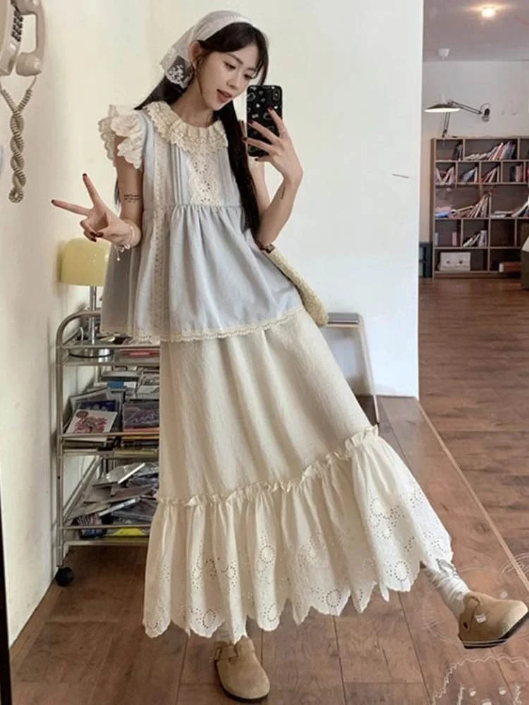 

Korean Sweet European Sle Matching Set Design Sense f-length Skirt Floral Lace Splicing Summer Two-piece Women's Faion