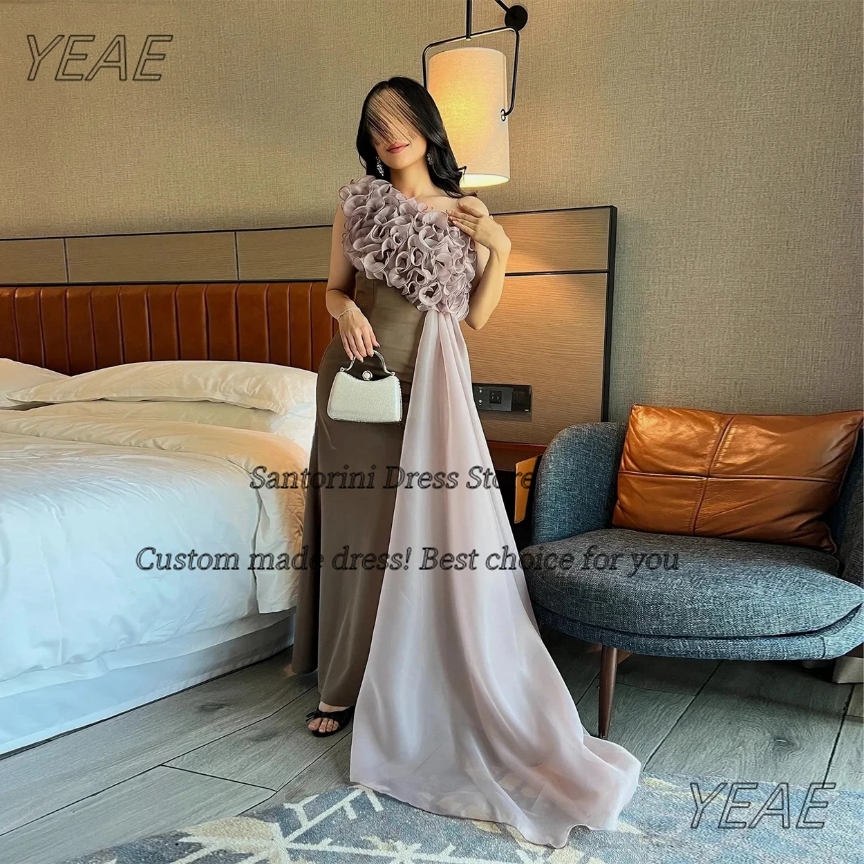 

Санторини индивидуальные оборки на одно плечо платья для выпускного вечера сексуальная спина Vestidos вечернее платье с цветочным шлейфом свадебные платья