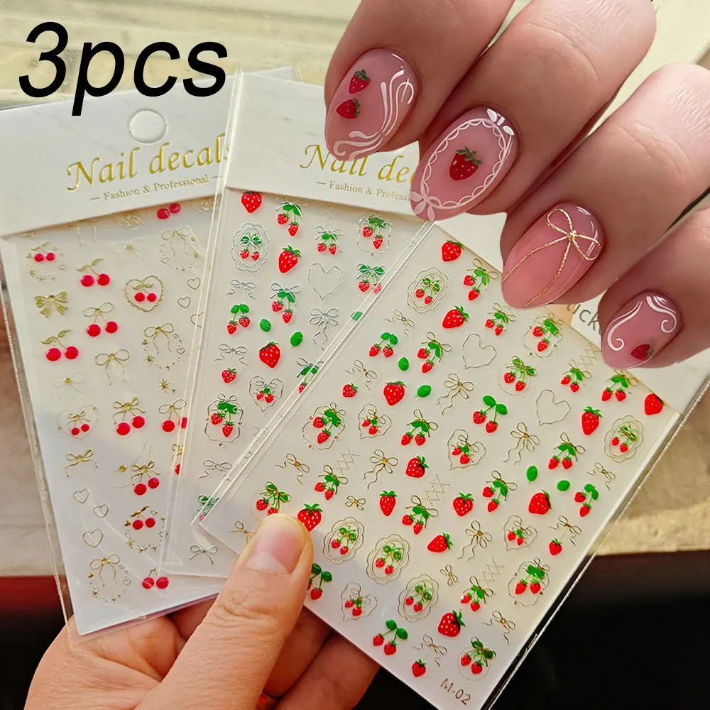 

1/3PC 5D Sweet Strawberry/Cherry Nail Art Stickers Cute Silver/Gold Foil Bow Ribbon Nail Decals Self-Adhesive Nail Accessories