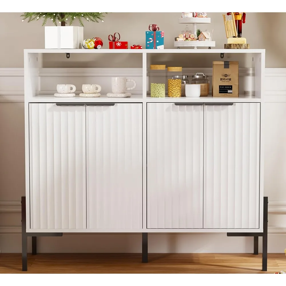 

White Buffet Cabinet with Storage, Fluted Storage Cabinet with Doors & Adjustable Shelves, Solid Wood TV Stand Credenza