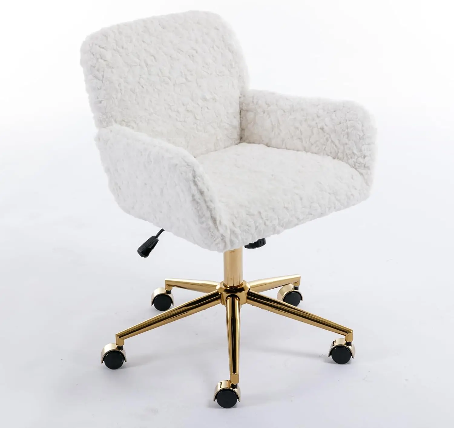 HMFULE Artificial Rabbit Hair Home Office Chair with Golden Metal Base Adjustable Desk Chair with Wheels Computer Vanity Chair f