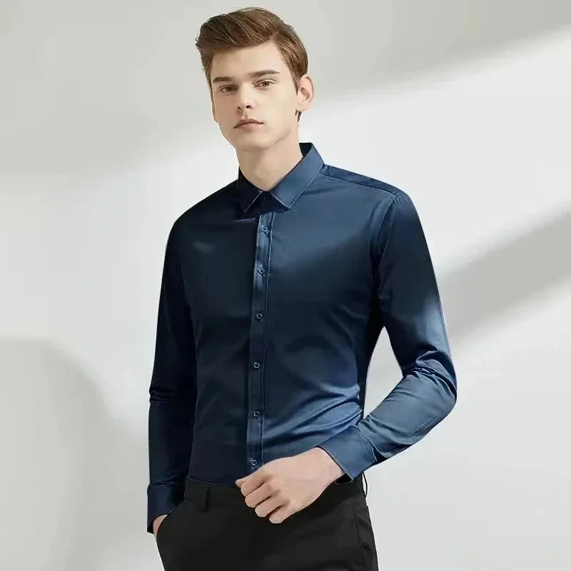 Camisa elástica de manga comprida masculina sem engomar vestido de negócios casual traje de trabalho profissional fino ajuste marinho escritório masculino 100kg