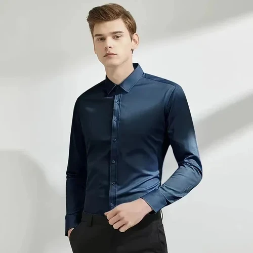 Imagen 2 del producto Camisa elástica de manga larga para hombre, vestido de negocios informal sin planchar, traje de trabajo profesional, ropa de oficina azul marino ajustada, 100KG