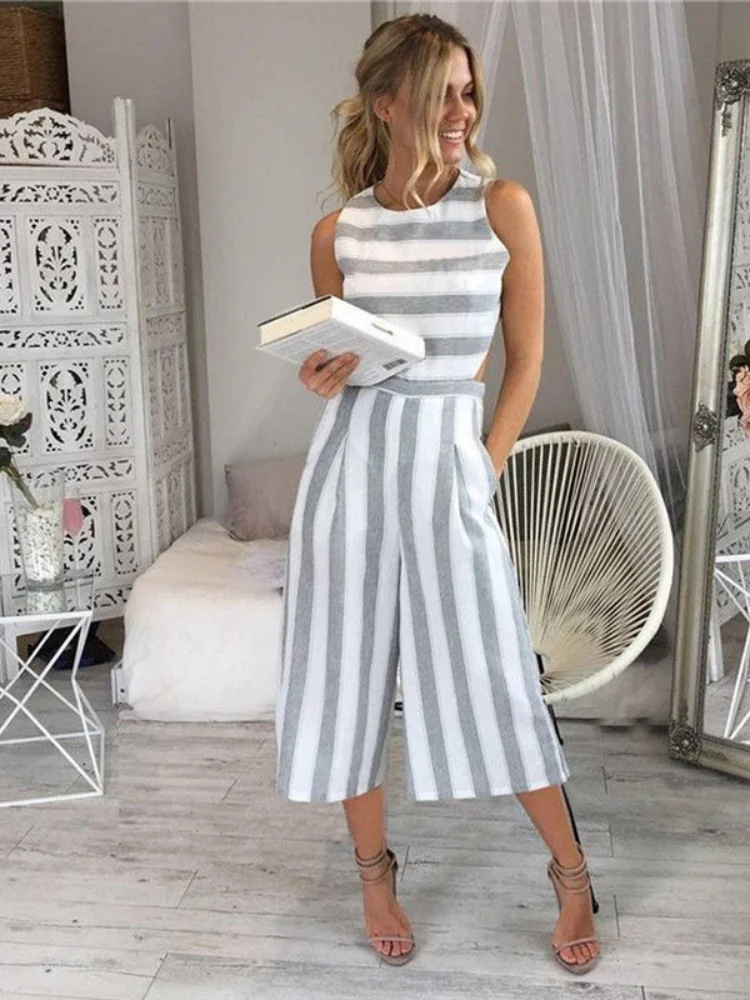 Jumpsuit musim panas wanita Jumpsuit seksi kasual tanpa lengan elegan bergaris celana kaki lebar playsuit celana panjang