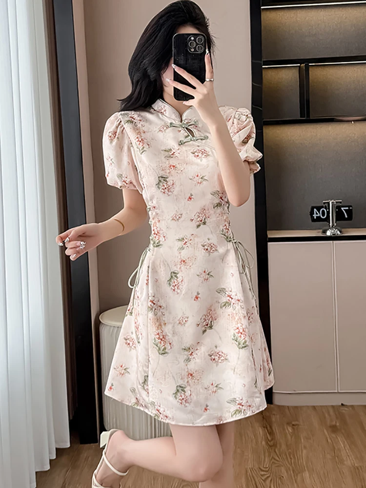 Robe Cheongsam d'été à col montant pour femmes, manches bouffantes, moulante, à bandes, mode coréenne, élégante, Festival, 2025