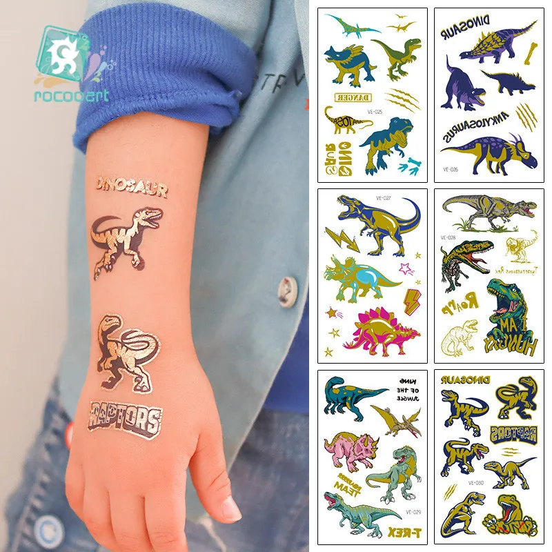 6Sheets/Lot Cartoon Gold Temporary Flash Kid Tattoo Funny Animal Body Art Fake Taty Children's Party Dinosaur Tattoo Sticker