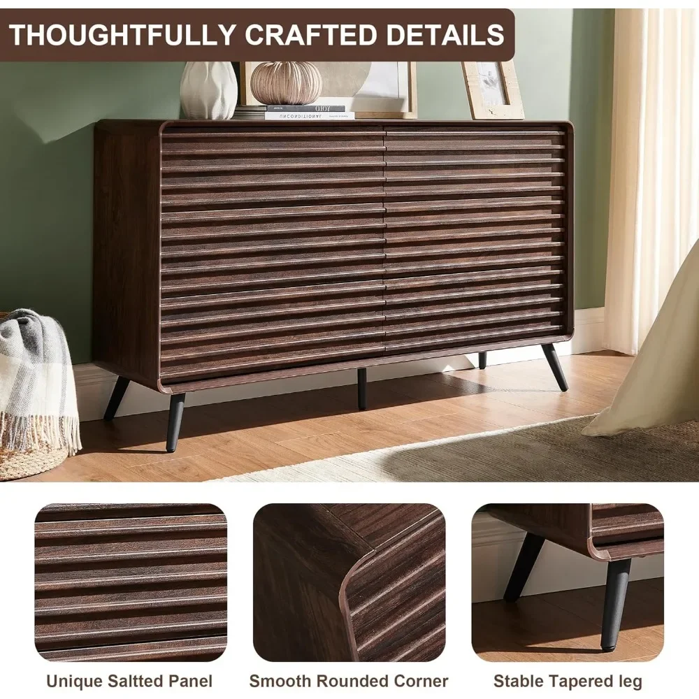 RedLemon Kommode mit 6 Schubladen für Schlafzimmer, 54'' breit, Mid-Century Modern, geriffelte Doppelkommode aus Holz, Kommode mit konischem L