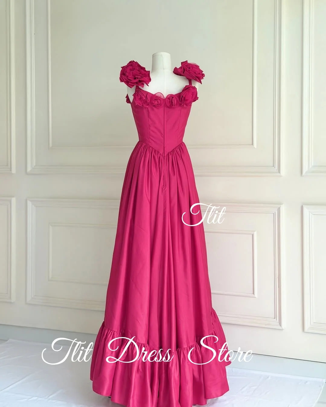 فساتين سهرة أنيقة من قماش التفتا باللون الوردي الوردي من TLIT فستان حفلات على شكل حرف v مع فيونكة زهور مخصصة #5