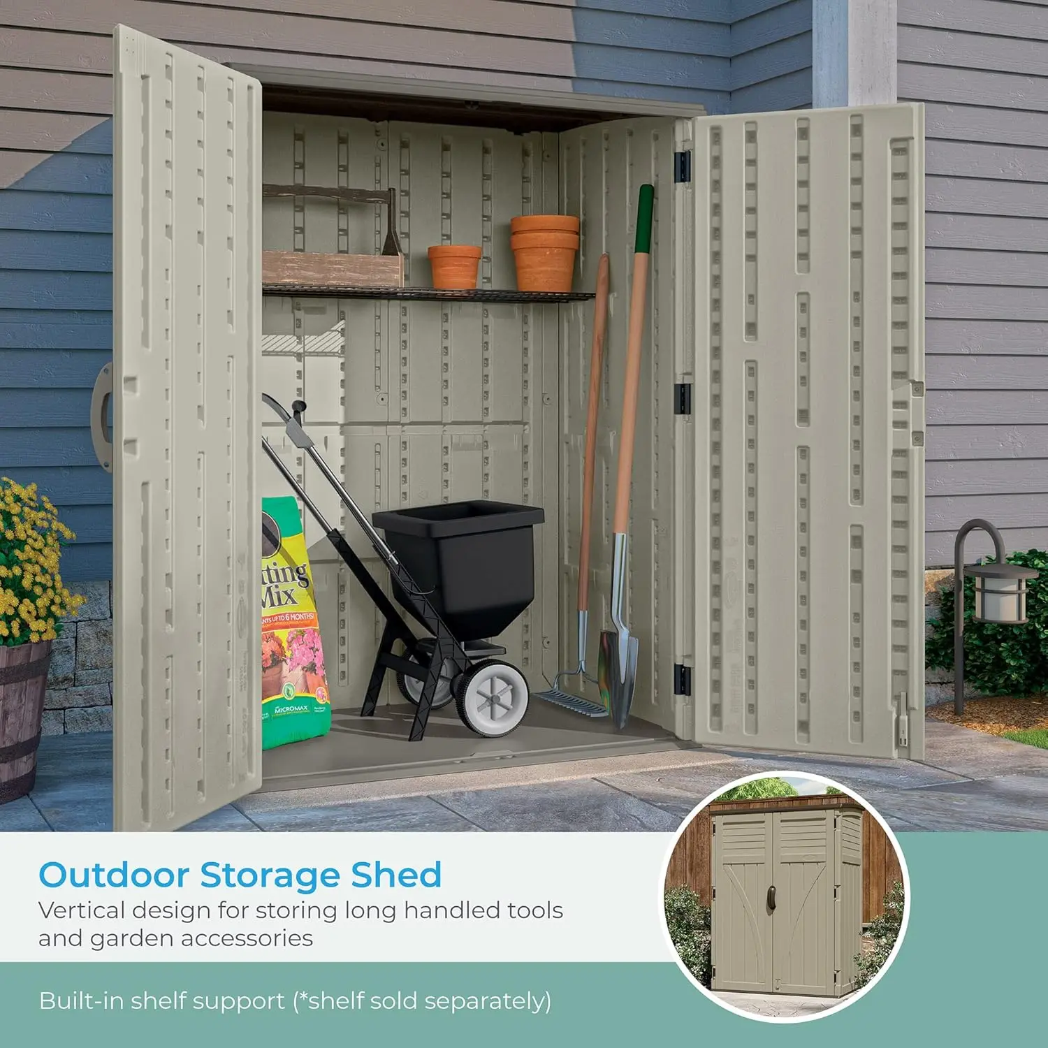 54 Cubic Feet Vertical Storage Shed with Durable Plastic Construction, Multiple Wall Panels and Ample Space for Outdoor Storage