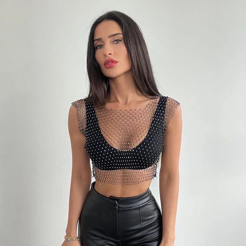 y2k Sexy Mesh Crop Tops for Women 2025 Summer Rhinestones Fashion Party See Through Fishnet Tank Hollow Out Backless Top New