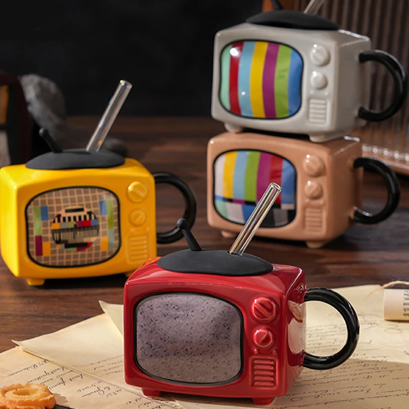 Retro TV Shape Coffee Cup With Lid And Straw Creative Ceramic Television Milk Mugs gift For Valentine's Day Birthday Party