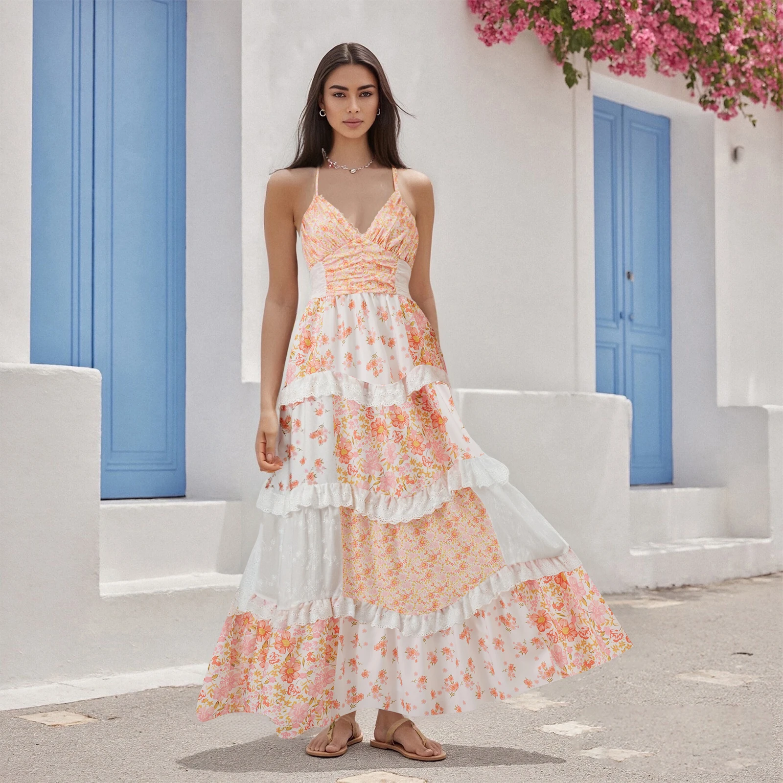 Vestido largo bohemio de verano para mujer, vestido largo con estampado Floral y tirantes finos, vestido informal sin mangas con cuello en V a la moda S M L