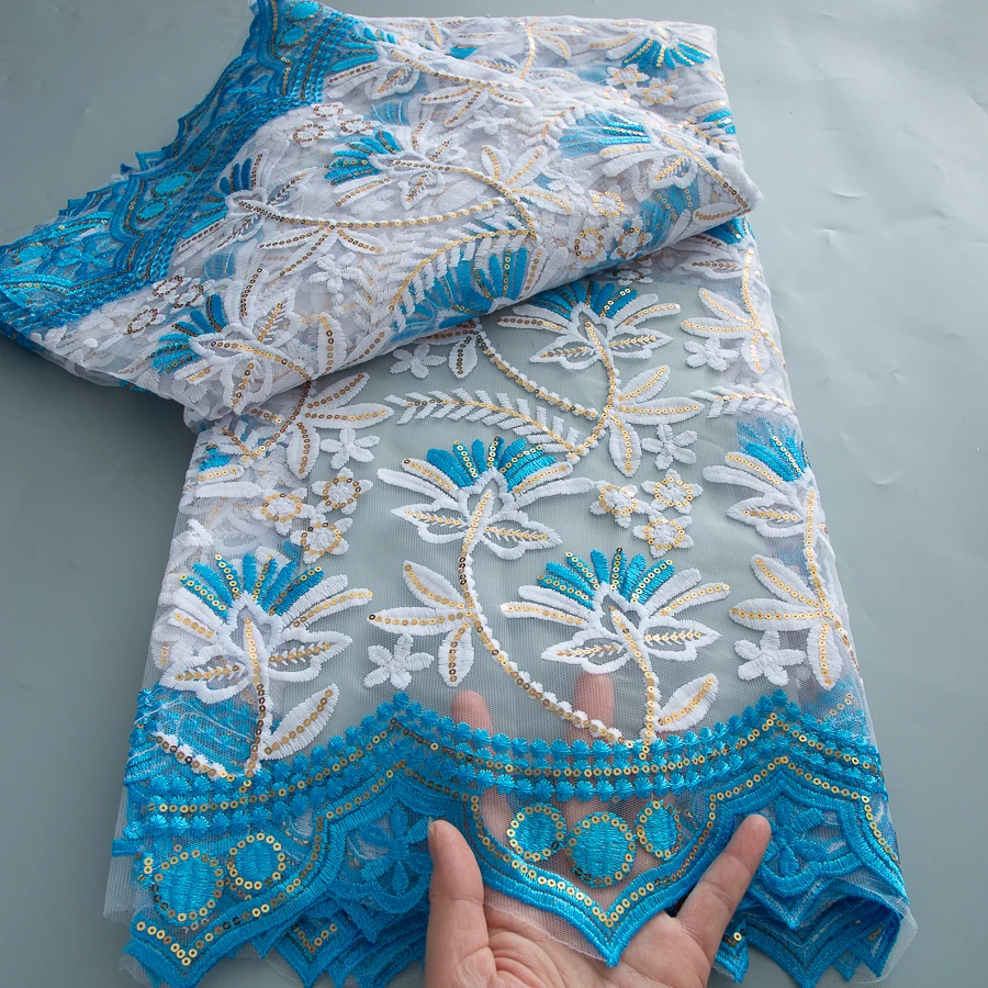 Tessuto di pizzo africano blu 2025 Tessuto di pizzo di tulle di maglia di alta qualità Paillettes Abito da sposa francese di lusso Ricamo Materiale netto da 5 metri