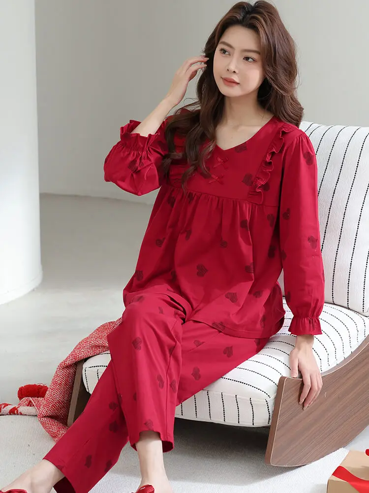 

Pure Cotton Sleepwear Set for Women V-Neck Long Sleeve Printed Home Clothes Red Wedding Suitable Spring Autumn New 2026