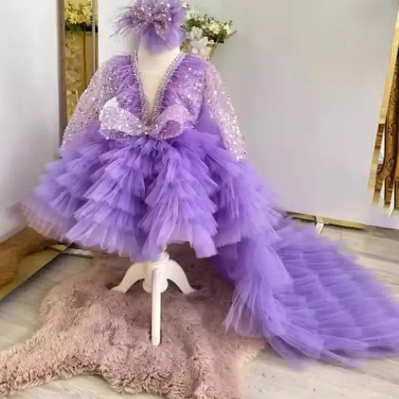 New purple children's dress gorgeous elegant V -neck long -sleeved party dress sequins panton yarn skirt runway girl clothing