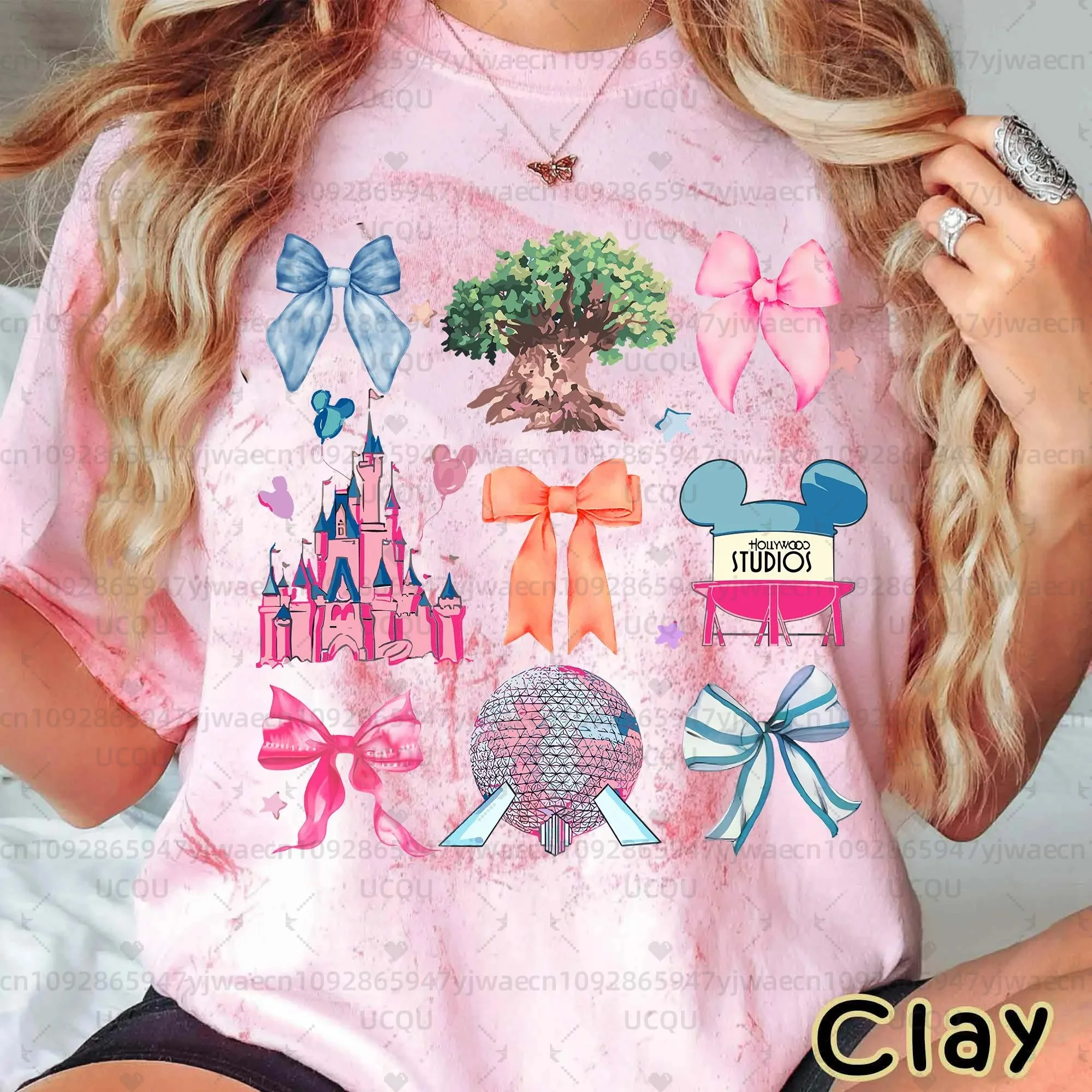 

Castle EPCOT Tee Studios Bow Tee Disneyworld Family Trip Matching Outfits Women's Short Sleeve Tie-dye T-shirt Top