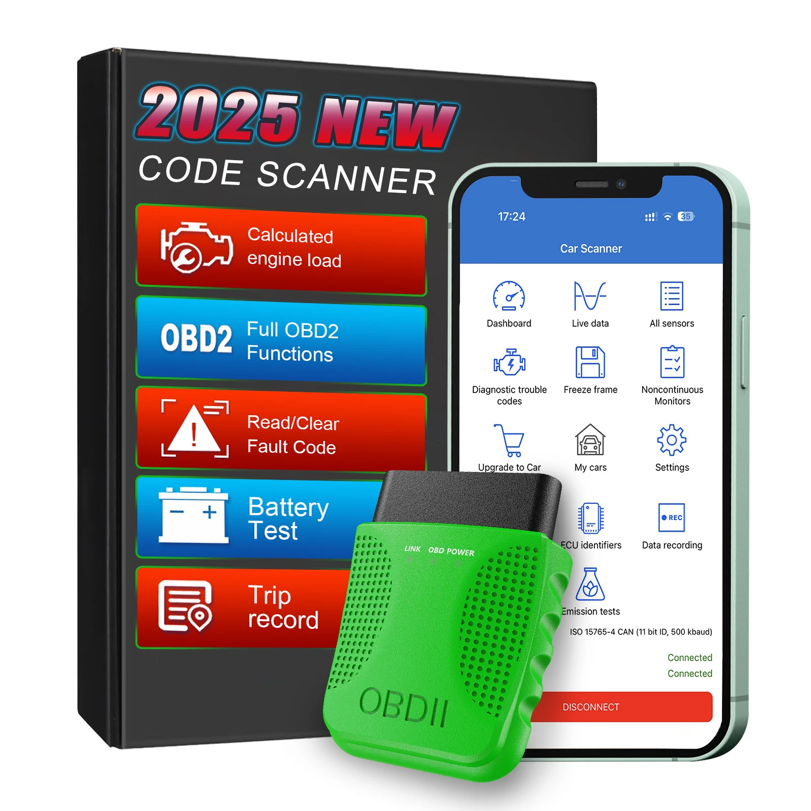 Green FA40 ELM327 OBD2 Auto Code Scanner Professional Diagnostic Tool for Cars OBD2 System Since 1996