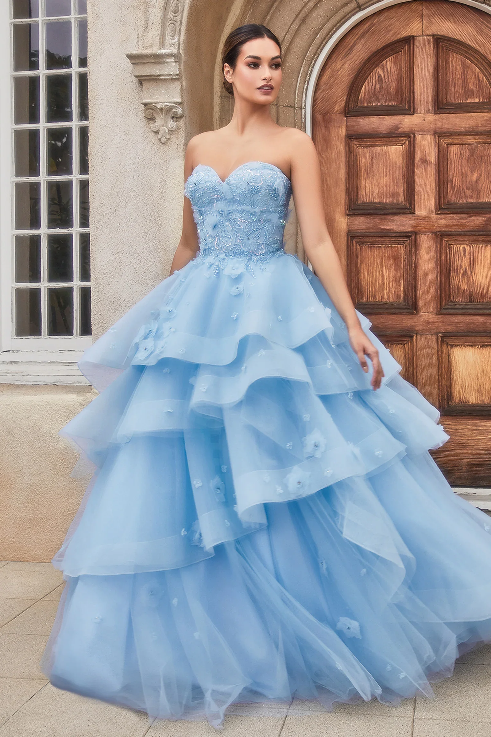 

Sky Blue Prom Dresses Tiered Ruffles Maxi Gown Sweetheart Princess Party Celebrity Gowns Lace Up Floral Vestido de Novia