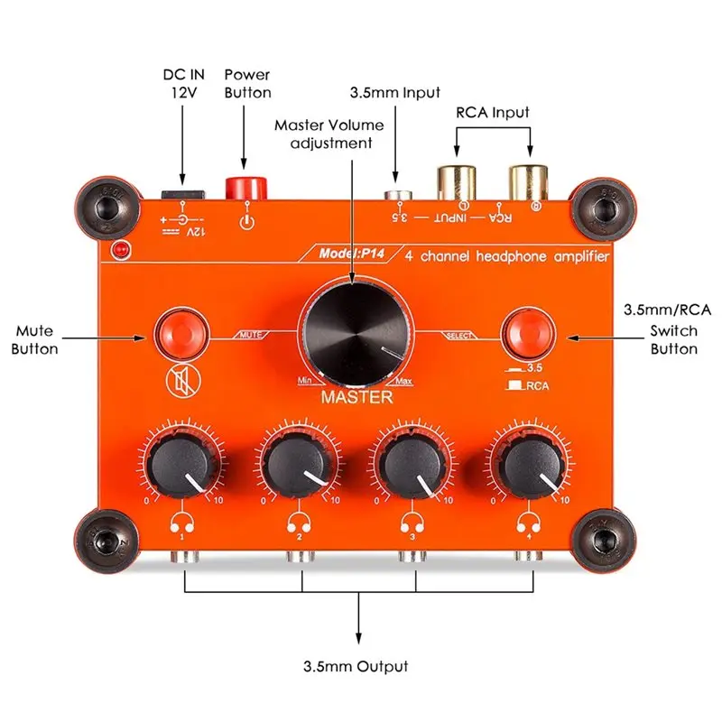 AA08-P14 4-Channel Headphone Amplifier DC12V 3.5Mm Stereo Output 19 DB Gain Studio Headphone Distributor EU Plug