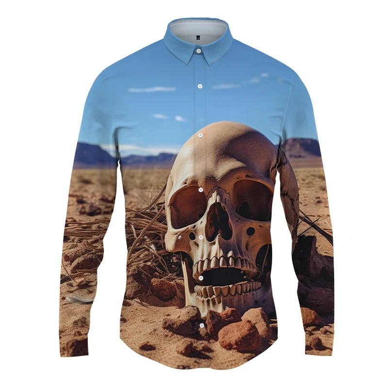 

Street Harajuku Men's Spring Autumn Fashion Men's Button Shirt New 3D Desert Skeleton Printing Shirt Hawaii Long Sleeve Shirt