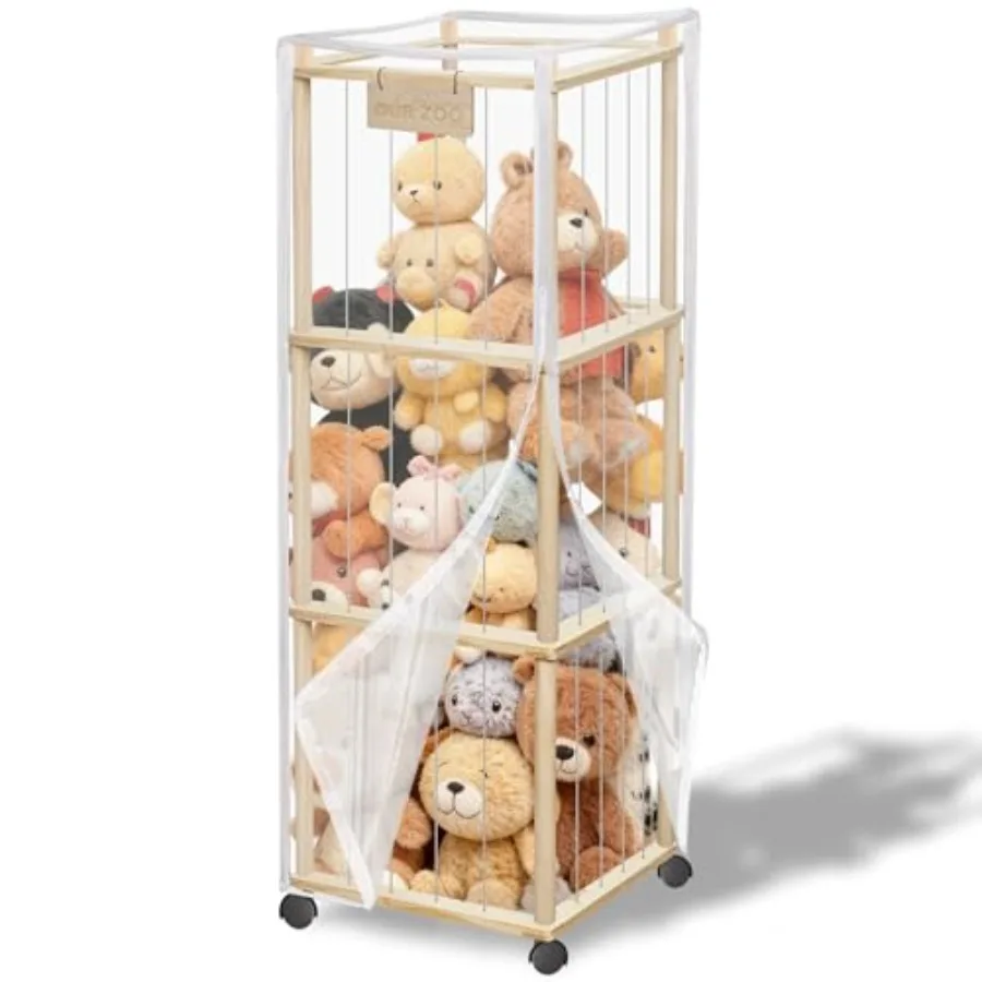 

56" Stuffed Animal Storage Organizer with Wheels Plush Storage Wooden ZOO with Removable Dust-Proof Cover for Playroom Bedroom