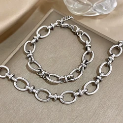 Flashbuy Trendy Chic Stainless Steel Golden Oval Chain Necklace Bracelet For Women Statement Simple Waterproof Jewelry Set